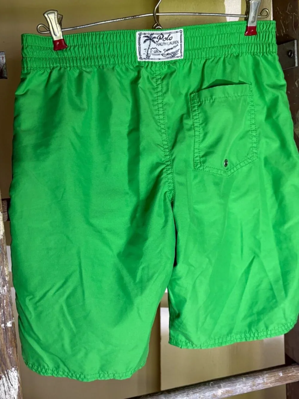 Polo Ralph Lauren Boys M (10-12) Traveler Swim Trunks Green Yellow Pony